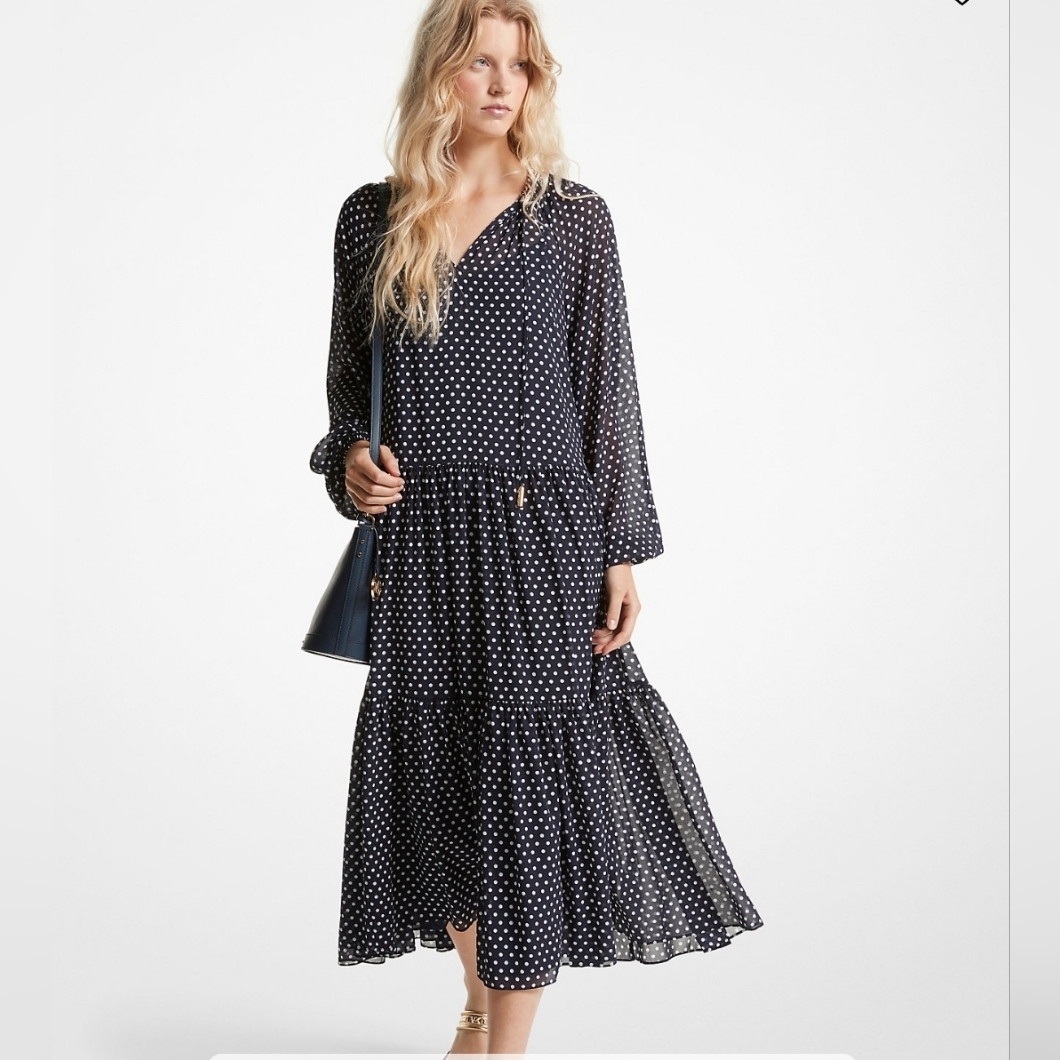 Michael Michael Kors Navy Polka Dot Georgette Tiered Midi Dress Size Small Nwt